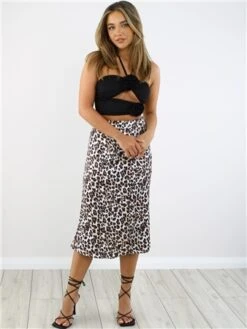 Saint Genies Leopard Print Pattern Satin Midi Skirt -Style Nest Store 28884 2