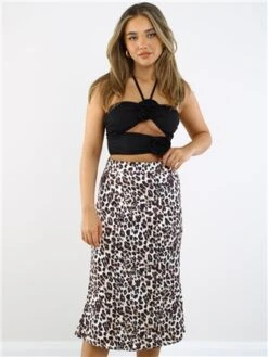 Saint Genies Leopard Print Pattern Satin Midi Skirt