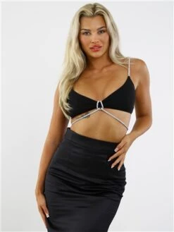 Saint Genies Black Julia Diamante Rope Trim Crop Top