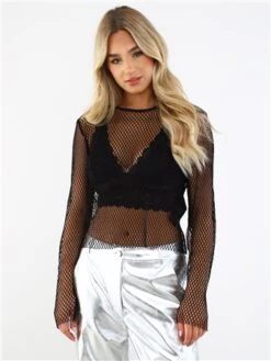 Noisy May Black / Black Yara L/S O-Neck Mesh Net Top