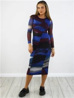 Brave Soul Blue Printed Mesh Long Sleeve Midi Dress -Style Nest Store 29062 2
