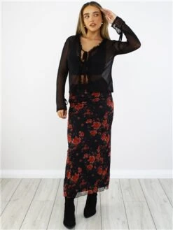 Brave Soul Black / Red Rose Print Midi Skirt -Style Nest Store 29063 2