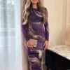 Ax Paris Plum Printed Long Sleeve Ruched Bodycon Midi Dress -Style Nest Store 29177