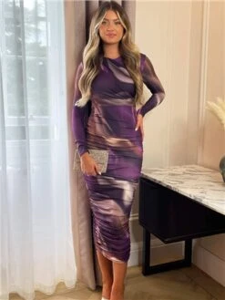 Ax Paris Plum Printed Long Sleeve Ruched Bodycon Midi Dress -Style Nest Store 29177 2