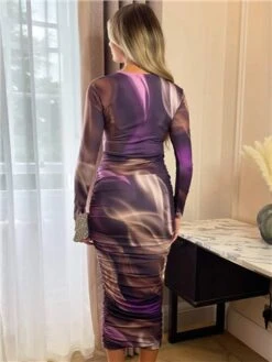Ax Paris Plum Printed Long Sleeve Ruched Bodycon Midi Dress -Style Nest Store 29177 3