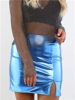 Saint Genies Electric Blue Faux Leather Metallic Mini Skirt -Style Nest Store 29197 1