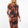Brave Soul Orange Printed Mesh Long Sleeve Midi Dress -Style Nest Store 29203