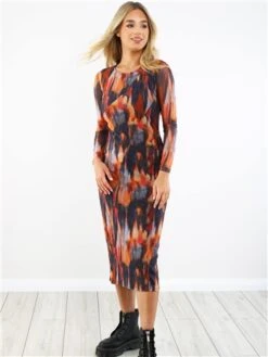 Brave Soul Orange Printed Mesh Long Sleeve Midi Dress -Style Nest Store 29203 2