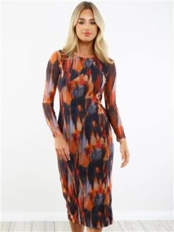 Brave Soul Orange Printed Mesh Long Sleeve Midi Dress