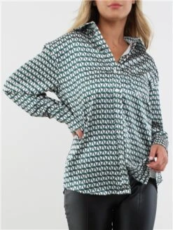 Saint Genies Green / Cream Geo Print Pattern Satin Shirt -Style Nest Store 29208 1