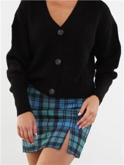 Saint Genies Green / Blue Tartan Print Split Mini Skirt -Style Nest Store 29209 1