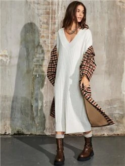 Only Grey / Pumice Stone Tessa Midi V Neck Knitted Dress -Style Nest Store 29258 3