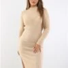 Brave Soul Biscuit Ribbed Long Sleeve Split Hem Midi Jumper Dress -Style Nest Store 29265