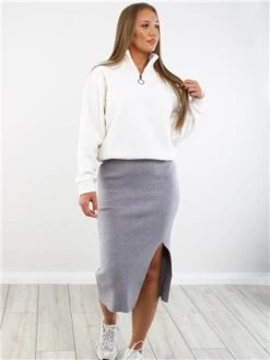Saint Genies Grey Ribbed Split Midi Skirt -Style Nest Store 29304 2