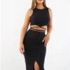 Saint Genies Black Ribbed Split Midi Skirt -Style Nest Store 29315