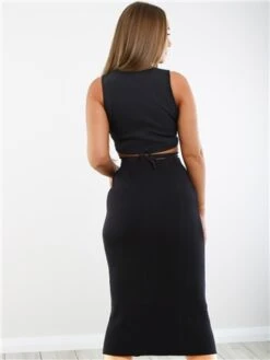 Saint Genies Black Ribbed Split Midi Skirt -Style Nest Store 29315 3