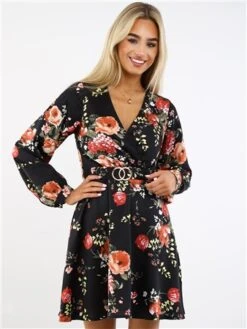 Girl In Mind Black Print Tammy Floral Skater Dress