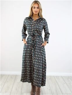 Ax Paris Green/Gold Pattern Midi Shirt Dress -Style Nest Store 29404 2