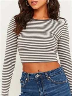 Tally Weijl Grey Striped Cropped Basic T-Shirt -Style Nest Store 29487 2