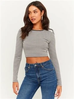 Tally Weijl Grey Striped Cropped Basic T-Shirt