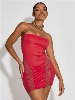 Saint Genies Red Gemstone Bandeau Mini Dress