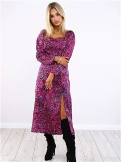 Girl In Mind Purple Pattern Denver Square Neck Midi Dress -Style Nest Store 29532 2