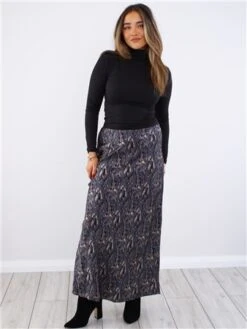 Brave Soul Grey / Black Tiger Print Satin Long Skirt -Style Nest Store 29560 2