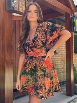 Girl In Mind Orange Gigi Angel Sleeve Skater Mini Dress