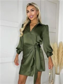 Ax Paris Olive Satin Wrap Long Sleeve Mini Dress -Style Nest Store 29692 1