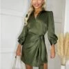 Ax Paris Olive Satin Wrap Long Sleeve Mini Dress -Style Nest Store 29692
