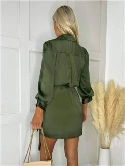 Ax Paris Olive Satin Wrap Long Sleeve Mini Dress -Style Nest Store 29692 3