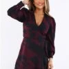 Ax Paris Burgundy / Black Printed Long Sleeve Wrap Mini Dress -Style Nest Store 29697