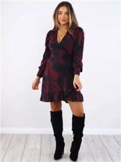 Ax Paris Burgundy / Black Printed Long Sleeve Wrap Mini Dress -Style Nest Store 29697 2